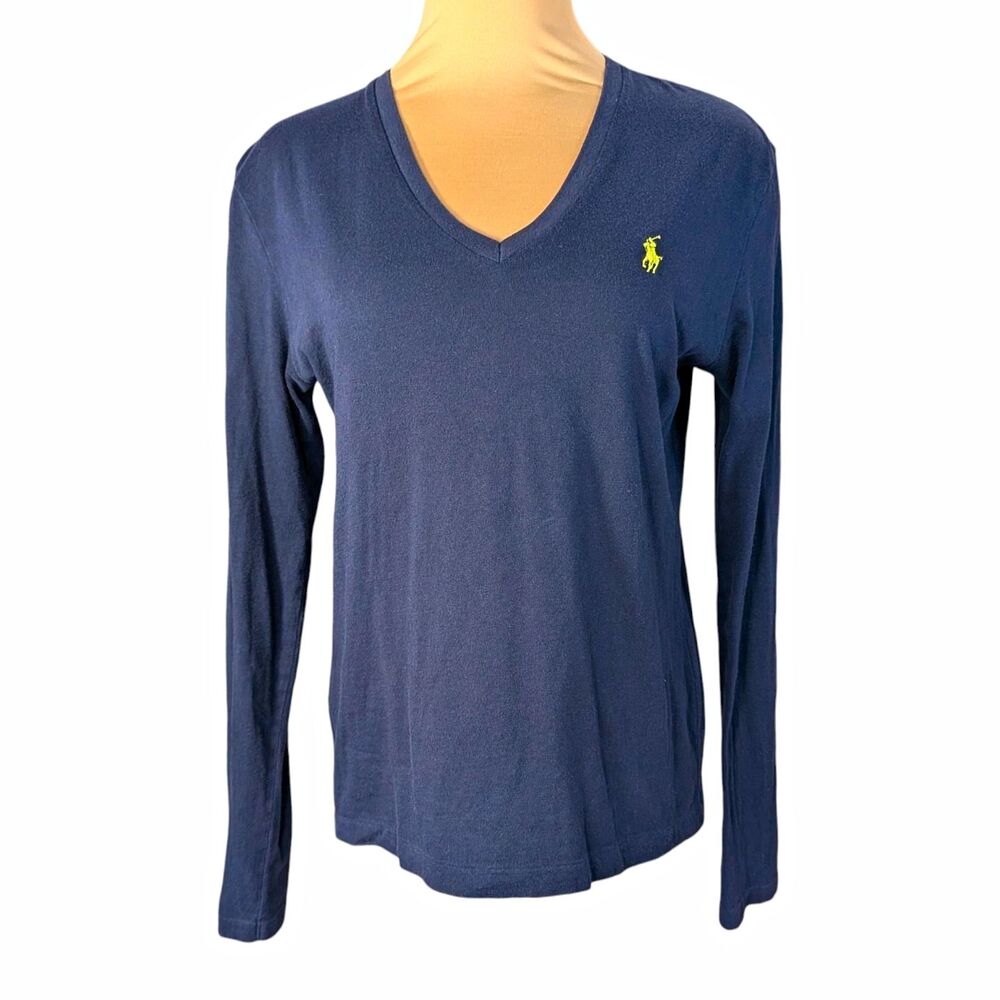 Ralph Lauren Sport Women's Medium Navy V-Neck Long Sleeve Knit Tee Yellow Pony